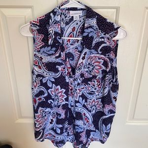Navy…red…light blue and white silk blouse